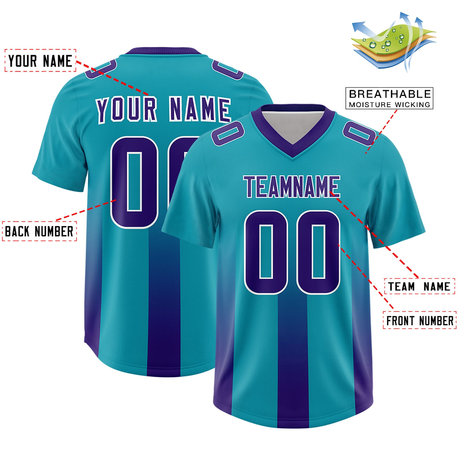 Custom Aqua Purple Vertical Width Stripe Gradient Fashion Personalized Team Football Jersey