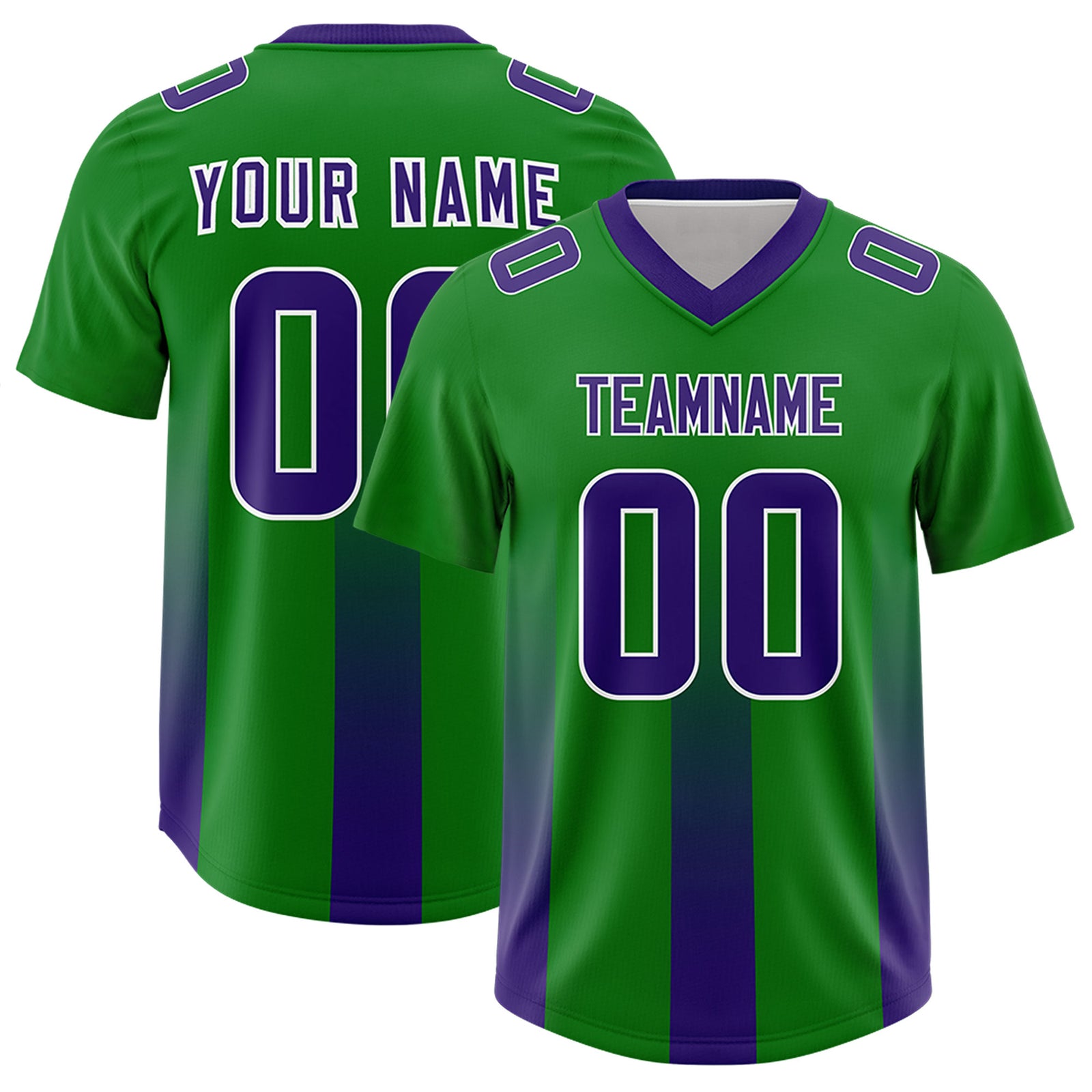 Custom Kelly Green Purple Vertical Width Stripe Gradient Fashion Personalized Team Football Jersey