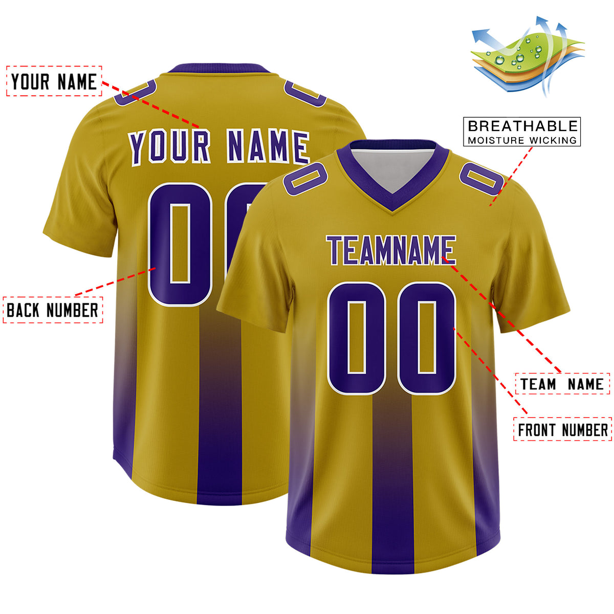 Custom Old Gold Purple Vertical Width Stripe Gradient Fashion Personalized Team Football Jersey