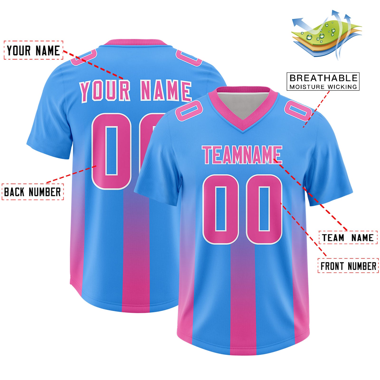 Custom Light Blue Pink Vertical Width Stripe Gradient Fashion Personalized Team Football Jersey