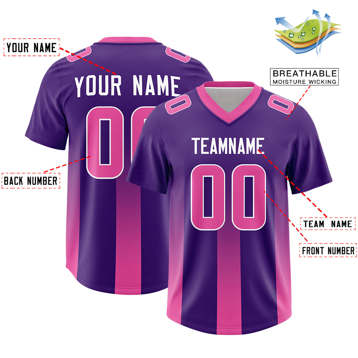 Custom Purple Pink Vertical Width Stripe Gradient Fashion Personalized Team Football Jersey