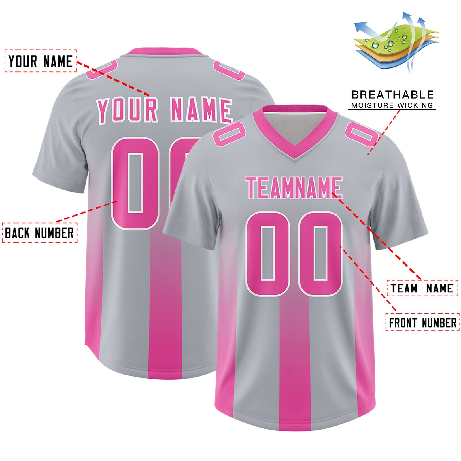 Custom Gray Pink Vertical Width Stripe Gradient Fashion Personalized Team Football Jersey
