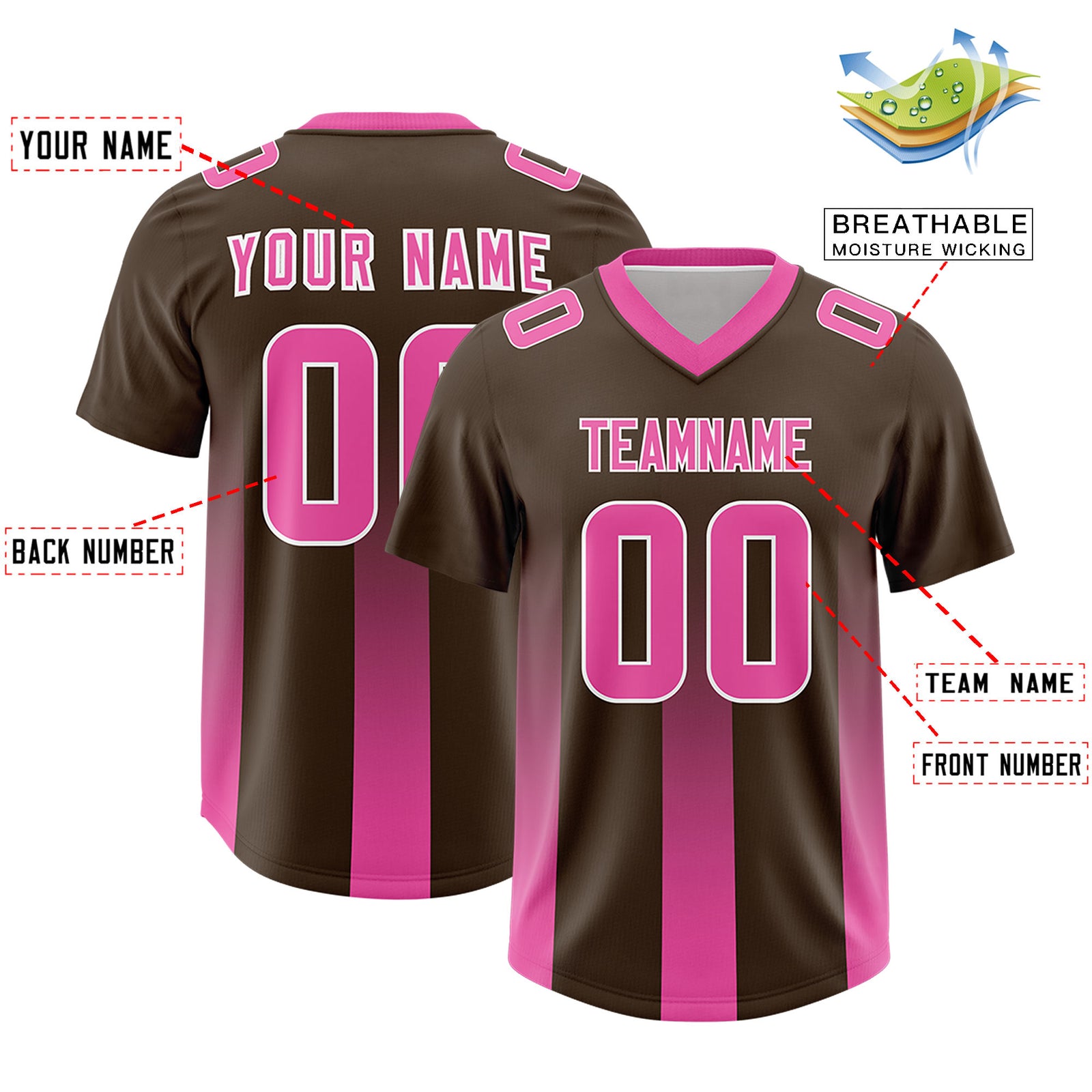 Custom Brown Pink Vertical Width Stripe Gradient Fashion Personalized Team Football Jersey