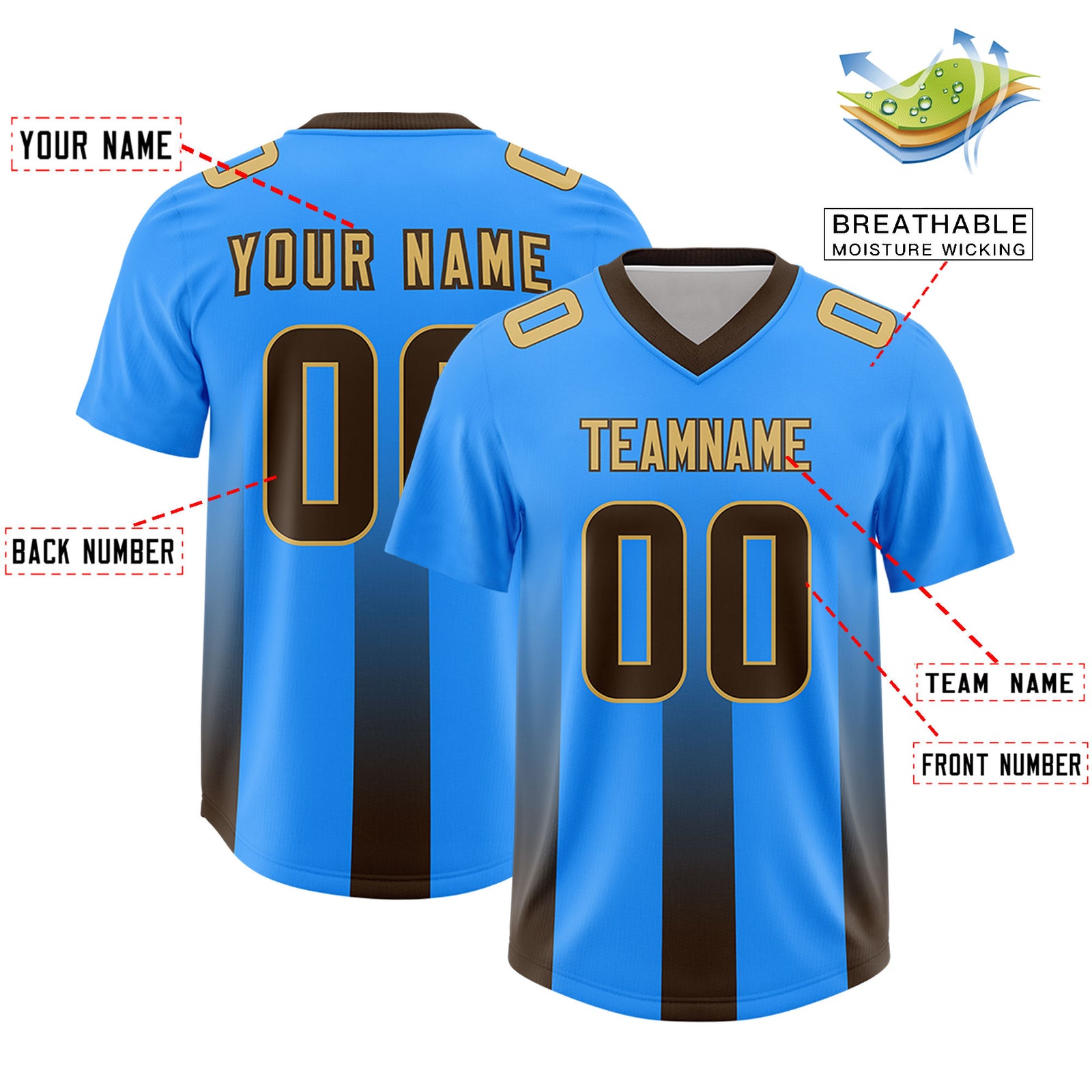 Custom Light Blue Brown Vertical Width Stripe Gradient Fashion Personalized Team Football Jersey