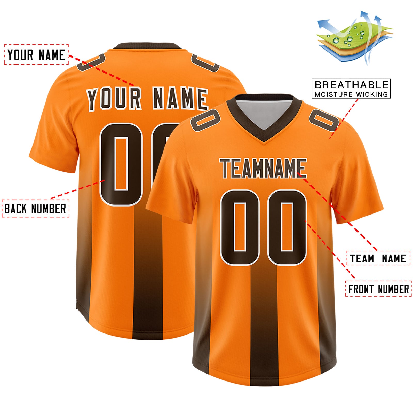 Custom Orange Brown Vertical Width Stripe Gradient Fashion Personalized Team Football Jersey