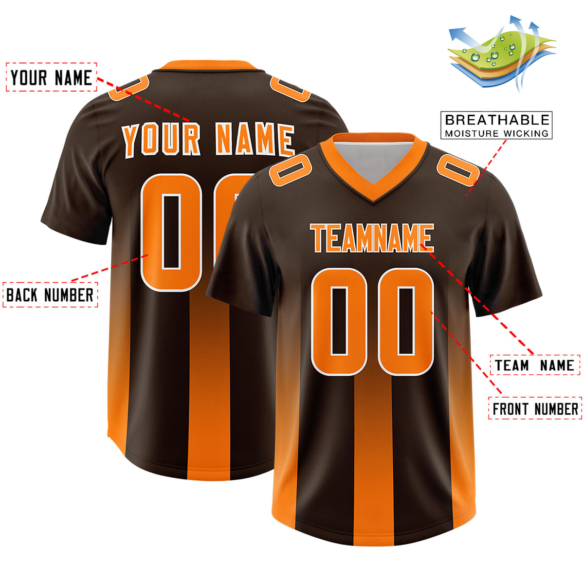 Custom Brown Orange Vertical Width Stripe Gradient Fashion Personalized Team Football Jersey