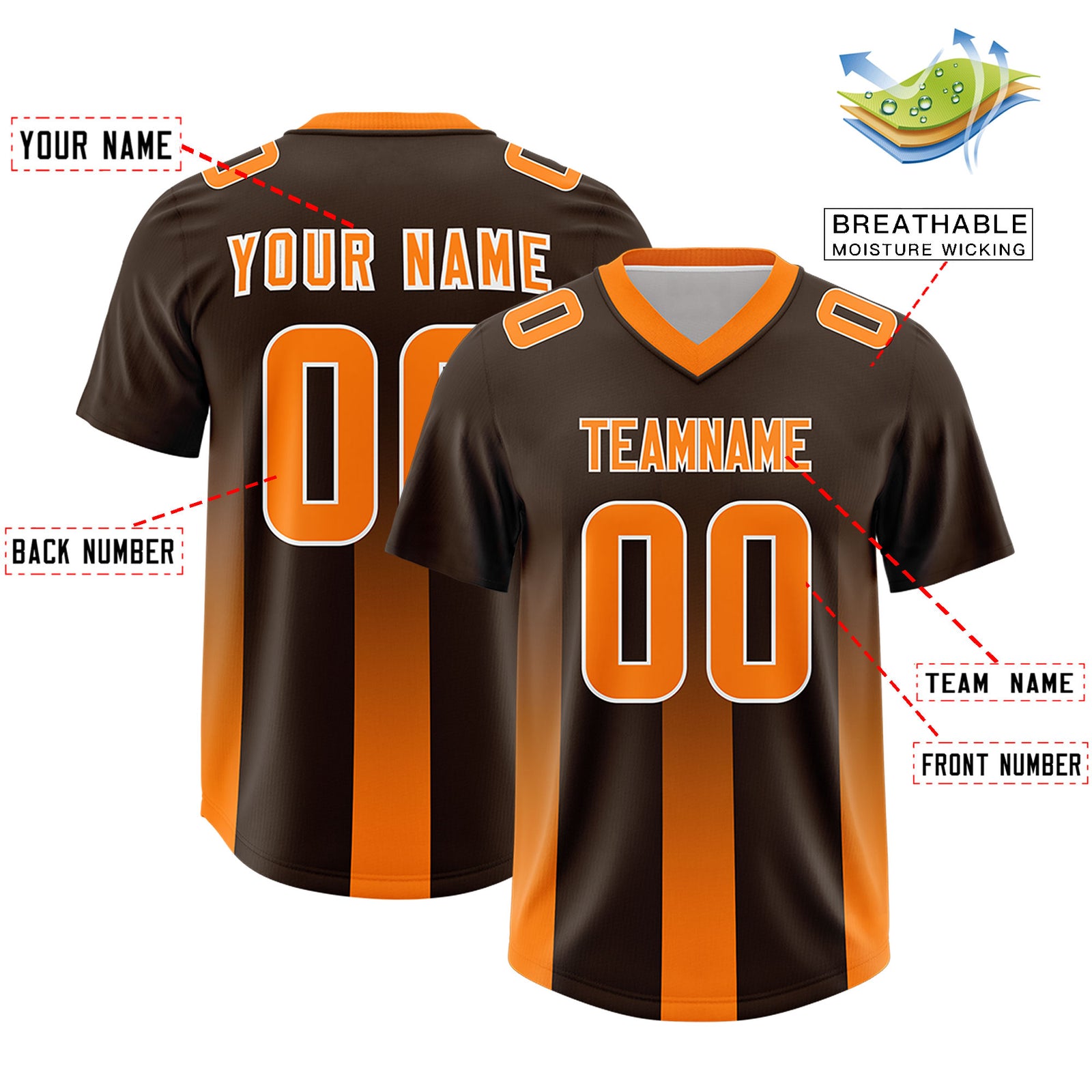 Custom Brown Orange Vertical Width Stripe Gradient Fashion Personalized Team Football Jersey