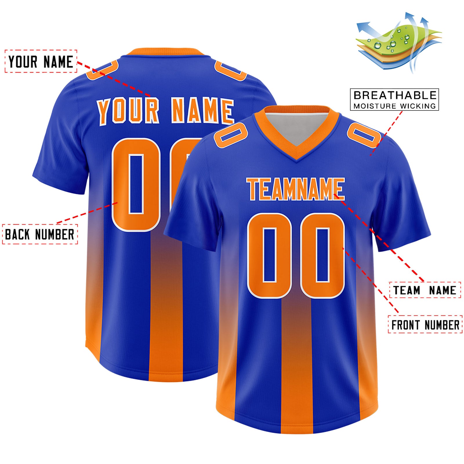 Custom Royal Orange Vertical Width Stripe Gradient Fashion Personalized Team Football Jersey