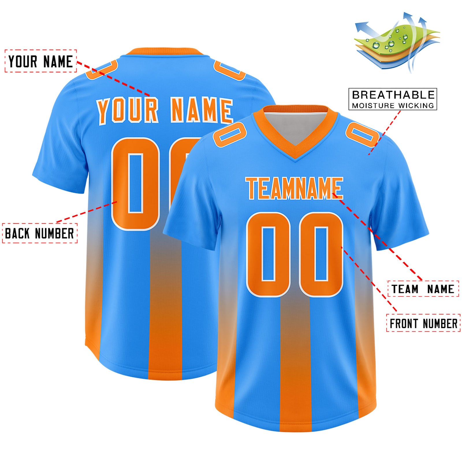 Custom Light Blue Orange Vertical Width Stripe Gradient Fashion Personalized Team Football Jersey