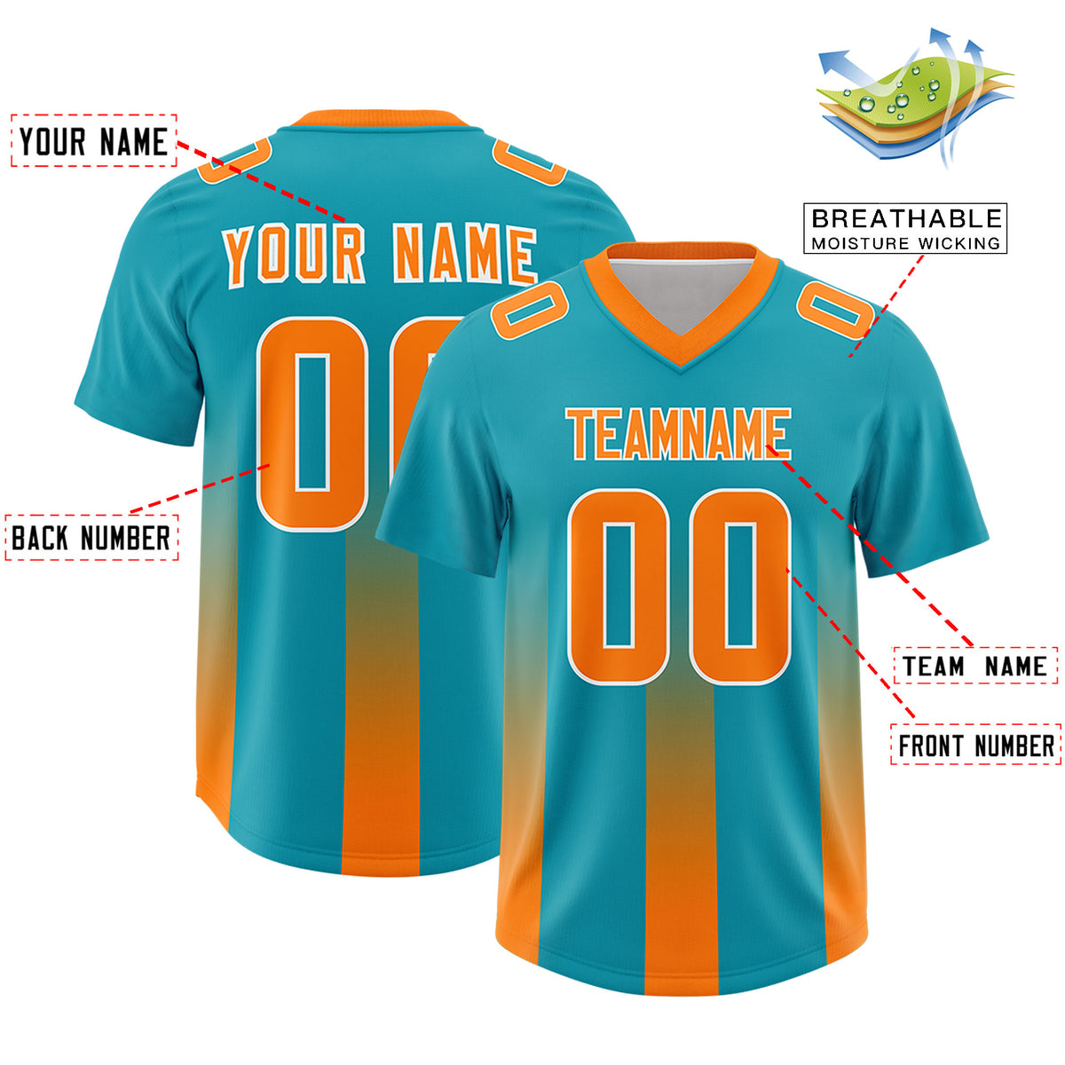 Custom Aqua Orange Vertical Width Stripe Gradient Fashion Personalized Team Football Jersey