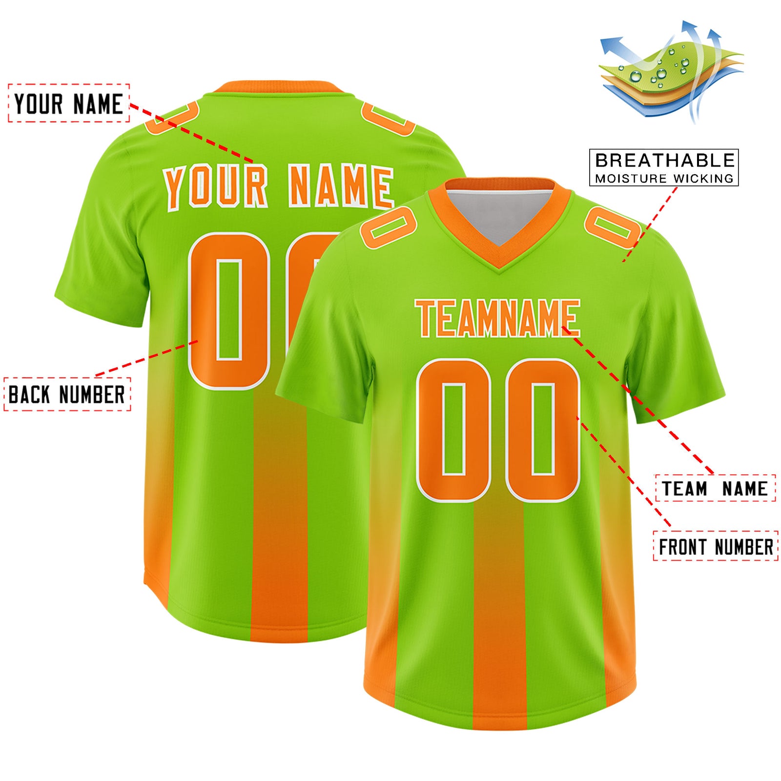 Custom Neon Green Orange Vertical Width Stripe Gradient Fashion Personalized Team Football Jersey
