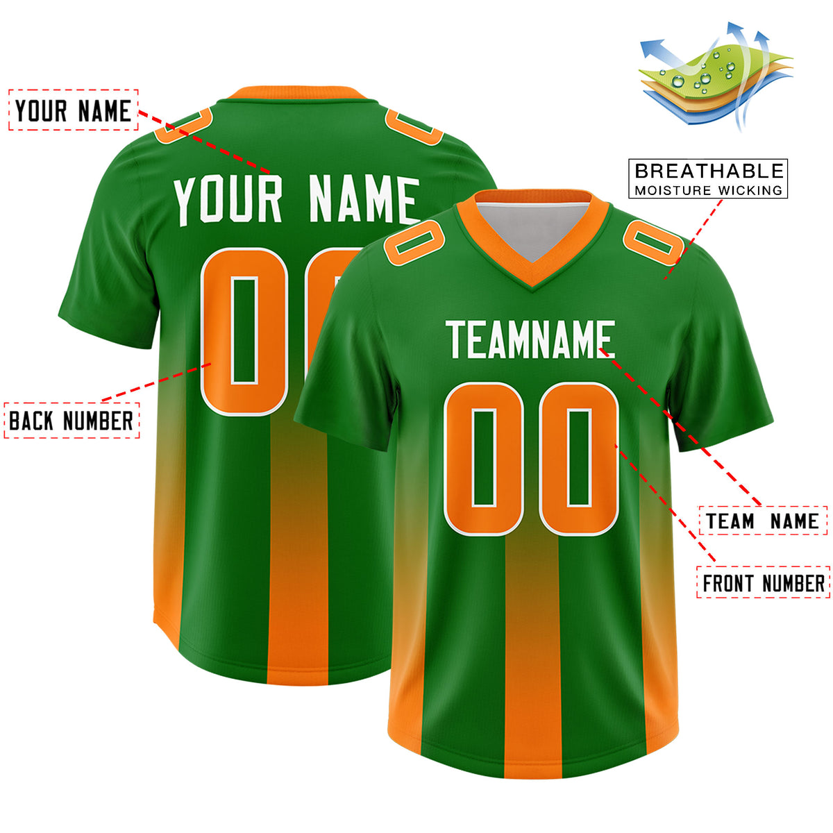 Custom Kelly Green Orange Vertical Width Stripe Gradient Fashion Personalized Team Football Jersey