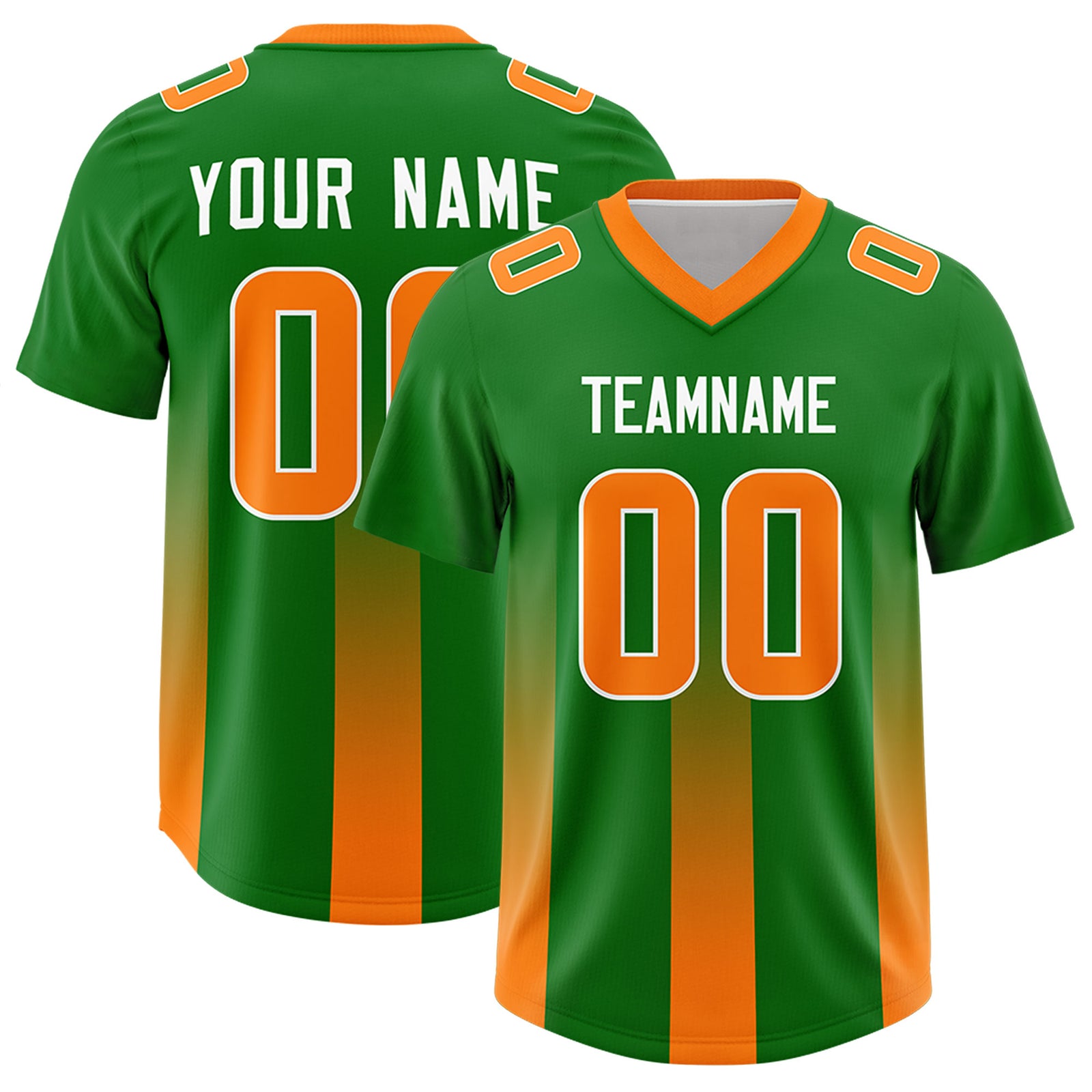 Custom Kelly Green Orange Vertical Width Stripe Gradient Fashion Personalized Team Football Jersey