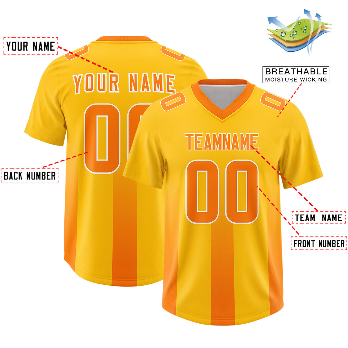Custom Yellow Orange Vertical Width Stripe Gradient Fashion Personalized Team Football Jersey