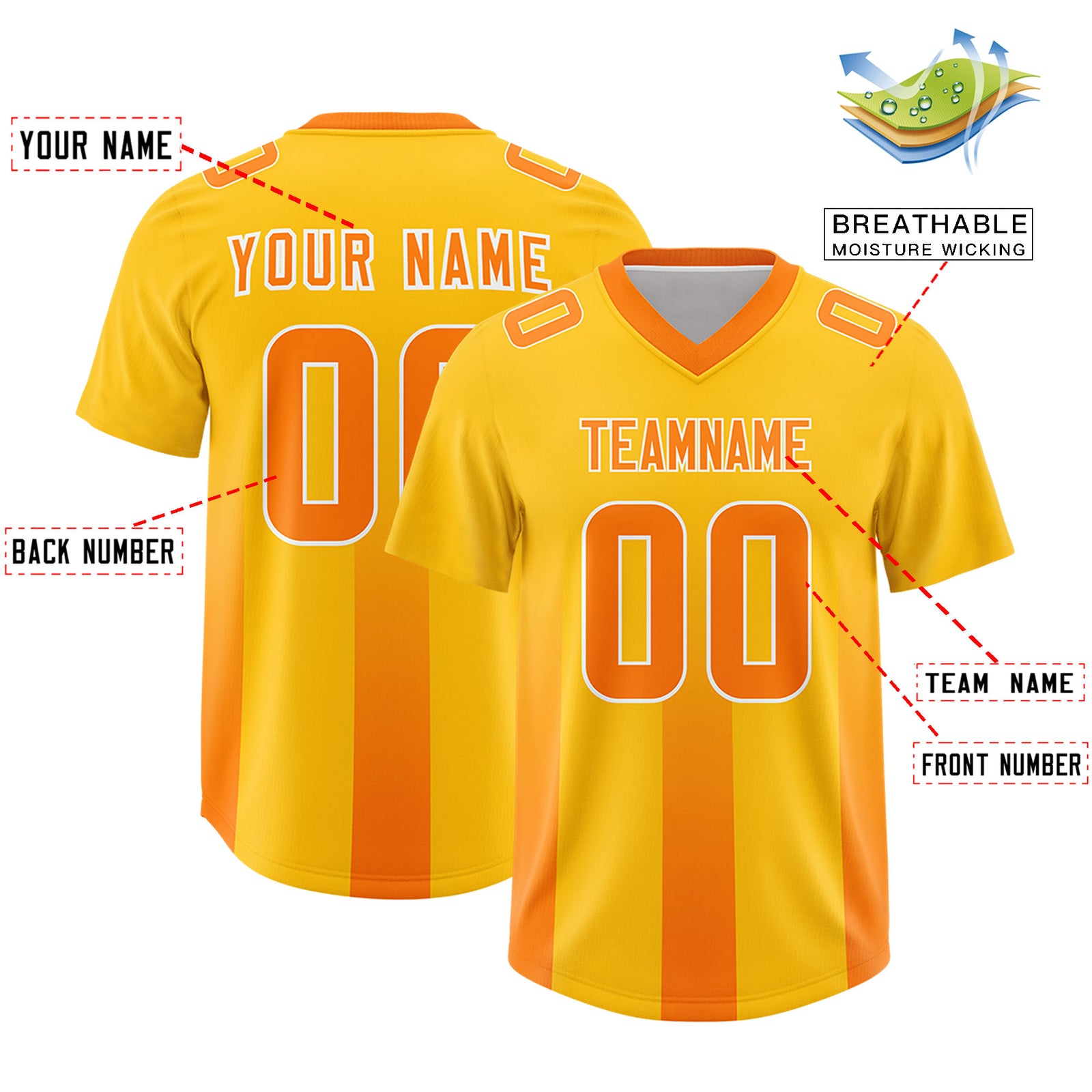 Custom Yellow Orange Vertical Width Stripe Gradient Fashion Personalized Team Football Jersey