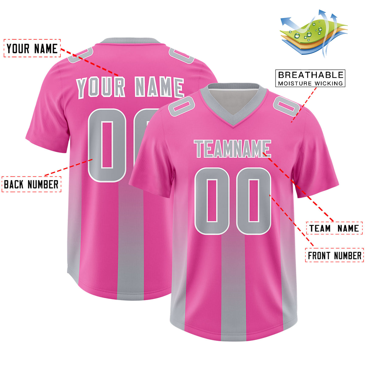 Custom Pink Gray Vertical Width Stripe Gradient Fashion Personalized Team Football Jersey