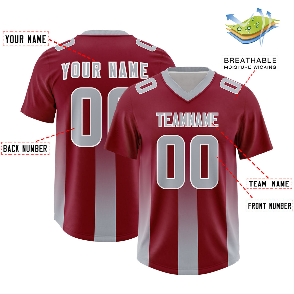Custom Cardinal Gray Vertical Width Stripe Gradient Fashion Personalized Team Football Jersey
