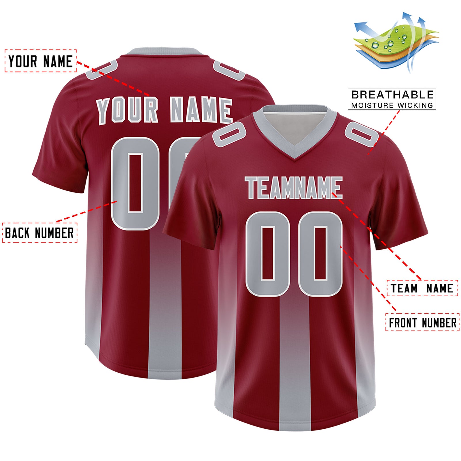 Custom Cardinal Gray Vertical Width Stripe Gradient Fashion Personalized Team Football Jersey