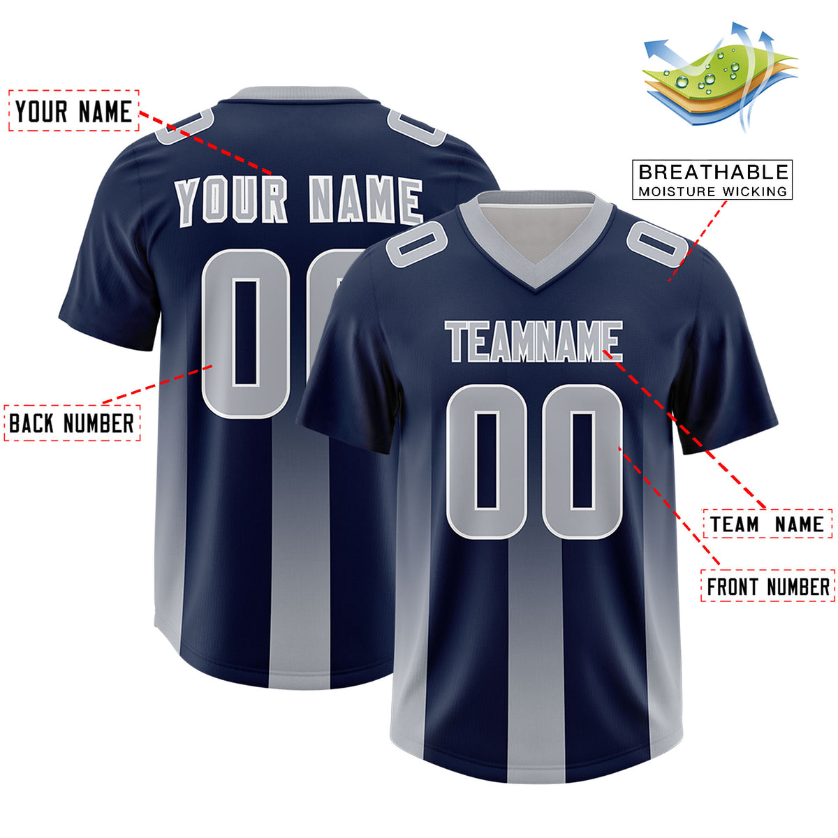 Custom Navy Gray Vertical Width Stripe Gradient Fashion Personalized Team Football Jersey