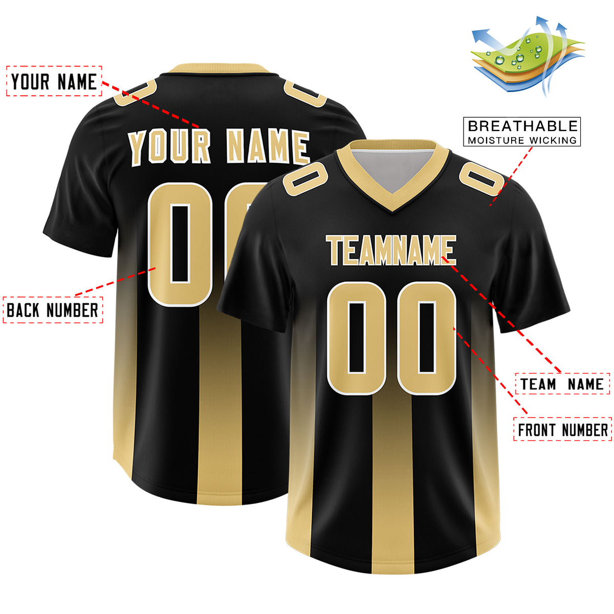 Custom Black Khaki Vertical Width Stripe Gradient Fashion Personalized Team Football Jersey