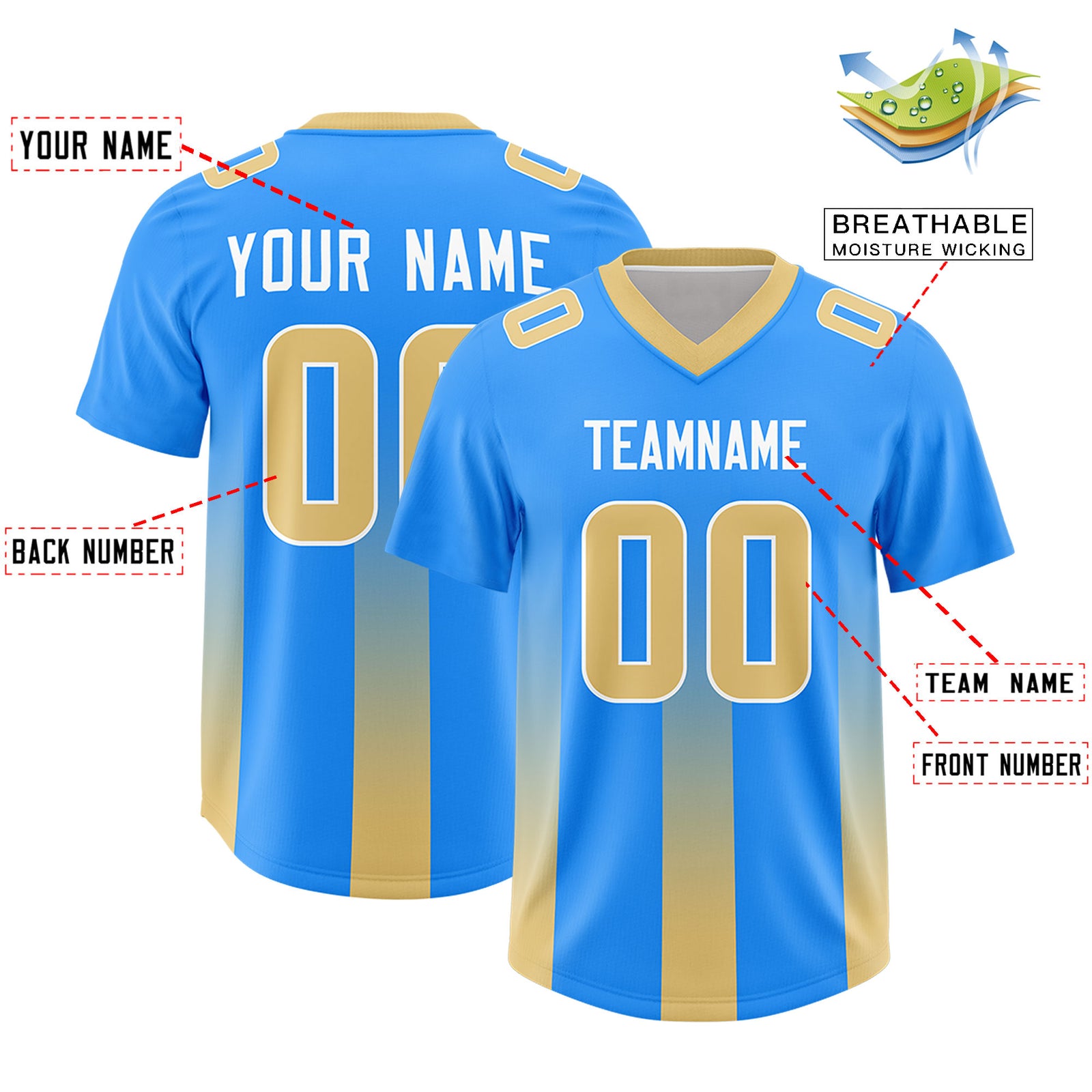 Custom Light Blue Khaki Vertical Width Stripe Gradient Fashion Personalized Team Football Jersey