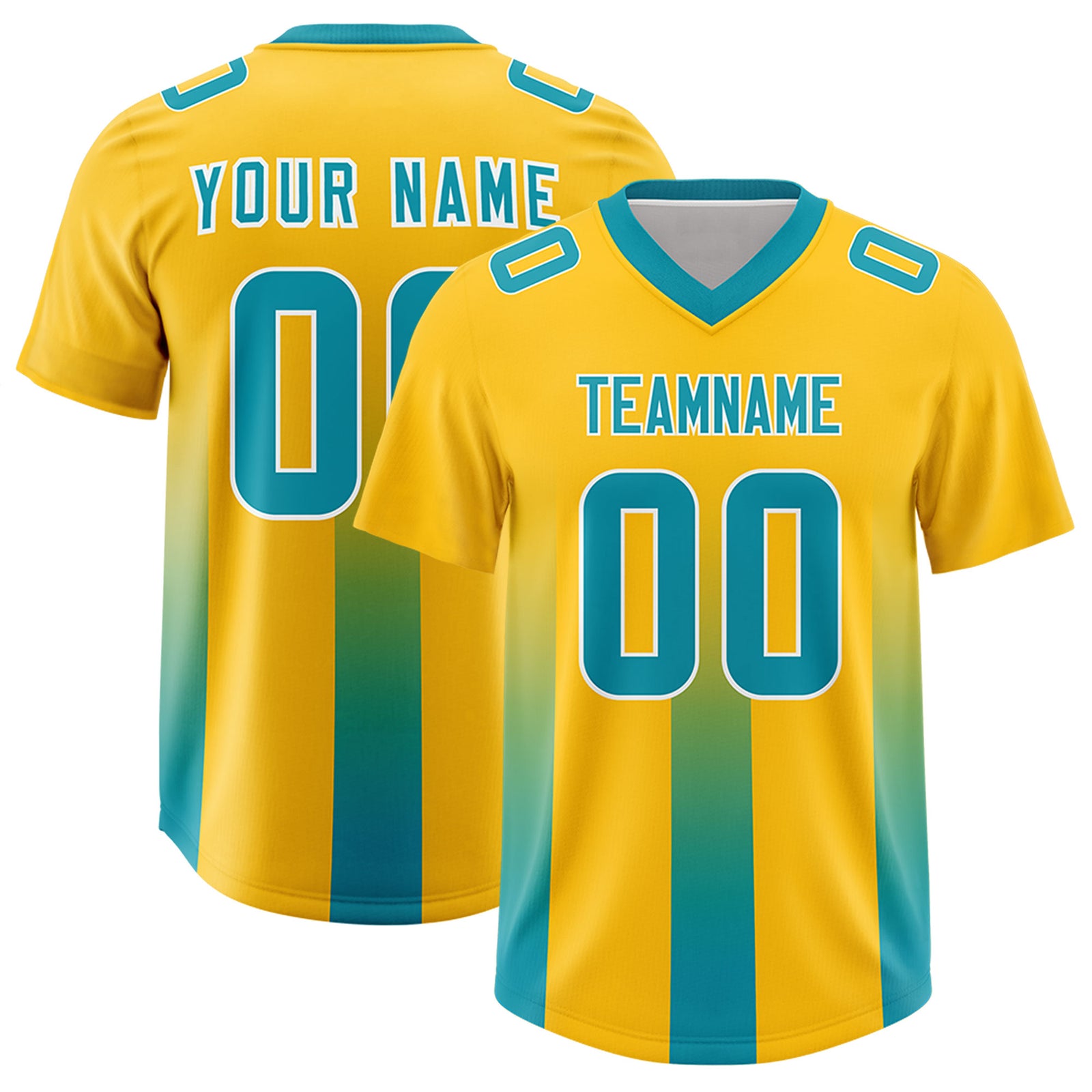 Custom Yellow Aqua Vertical Width Stripe Gradient Fashion Personalized Team Football Jersey