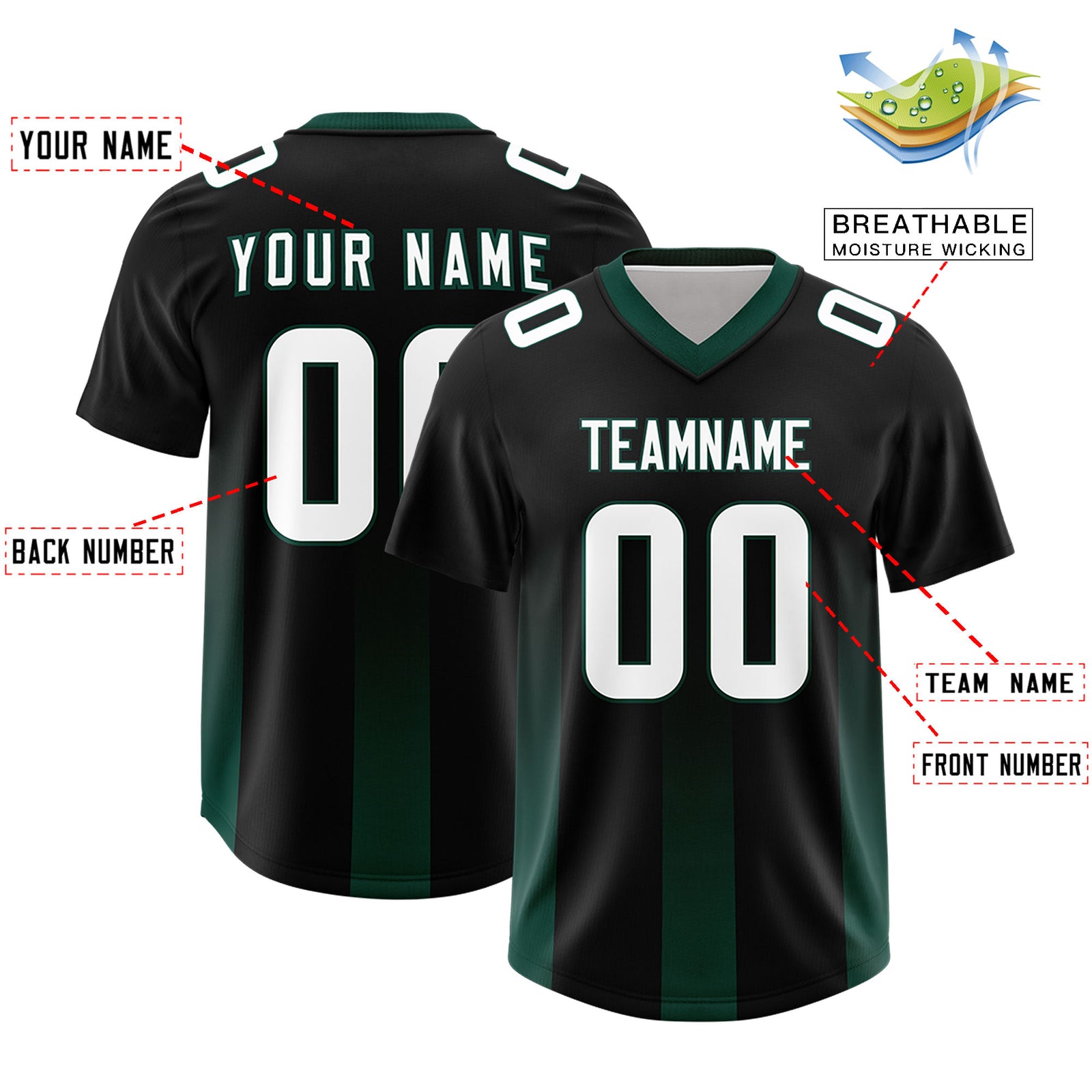 Custom Black Midnight Green Vertical Width Stripe Gradient Fashion Personalized Team Football Jersey