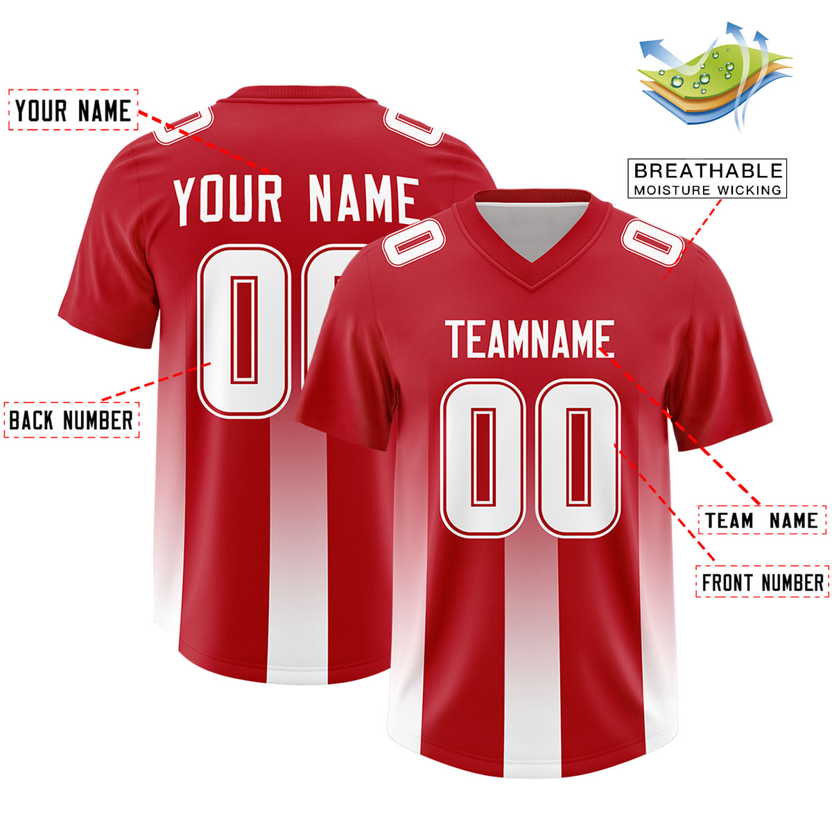 Custom Red White Vertical Width Stripe Gradient Fashion Personalized Team Football Jersey