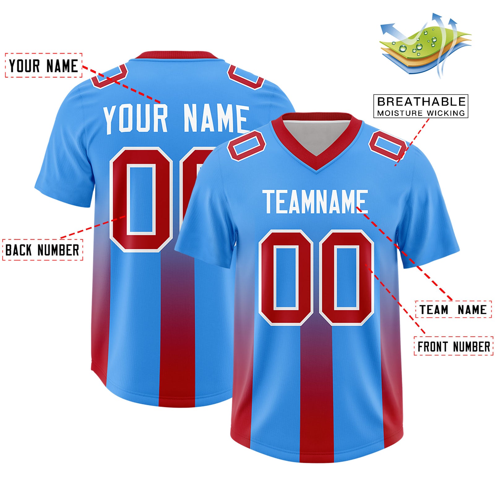 Custom Light Blue Red Vertical Width Stripe Gradient Fashion Personalized Team Football Jersey