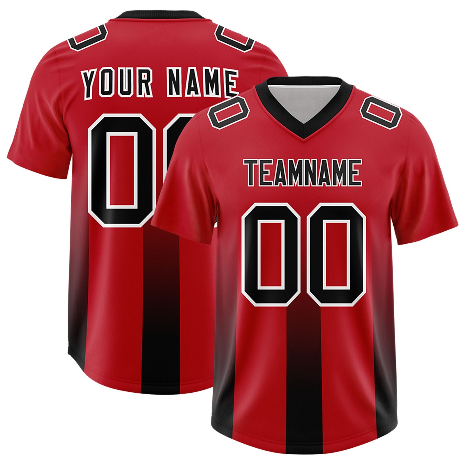 Custom Red Black Vertical Width Stripe Gradient Fashion Personalized Team Football Jersey