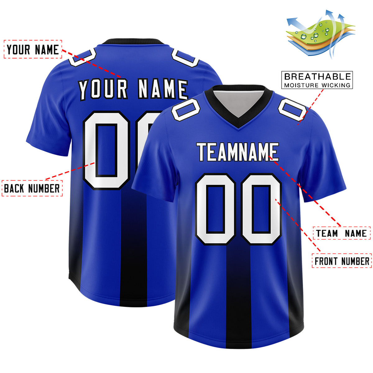 Custom Royal Black Vertical Width Stripe Gradient Fashion Personalized Team Football Jersey