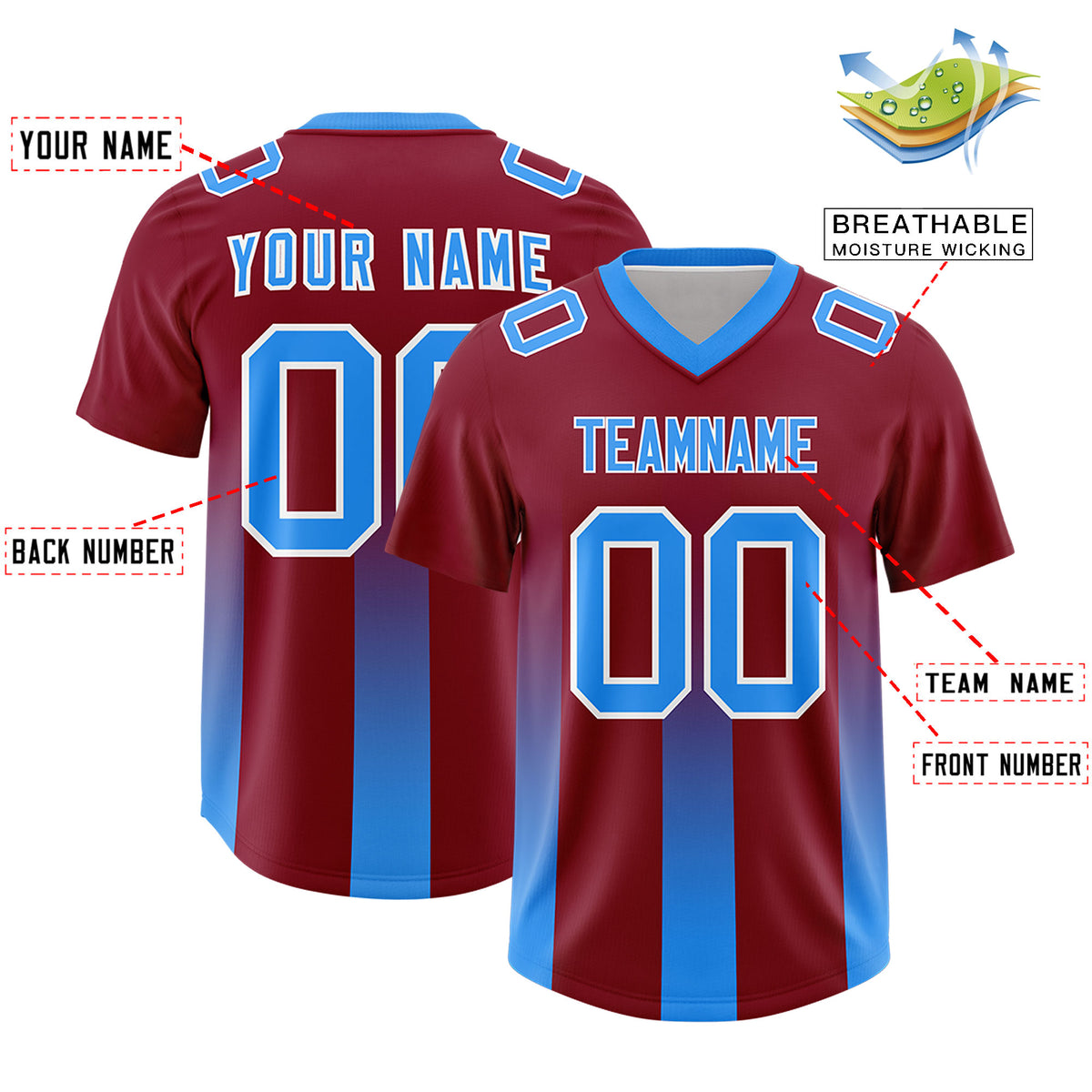 Custom Cardinal Light Blue Vertical Width Stripe Gradient Fashion Personalized Team Football Jersey