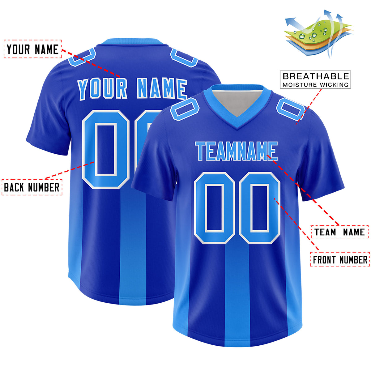 Custom Royal Light Blue Vertical Width Stripe Gradient Fashion Personalized Team Football Jersey