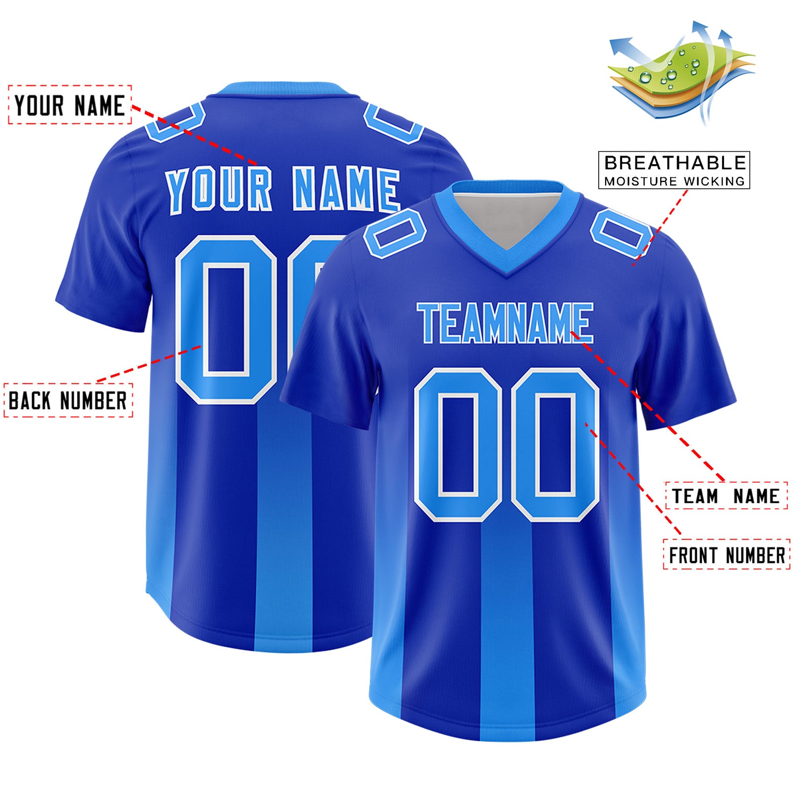 Custom Royal Light Blue Vertical Width Stripe Gradient Fashion Personalized Team Football Jersey
