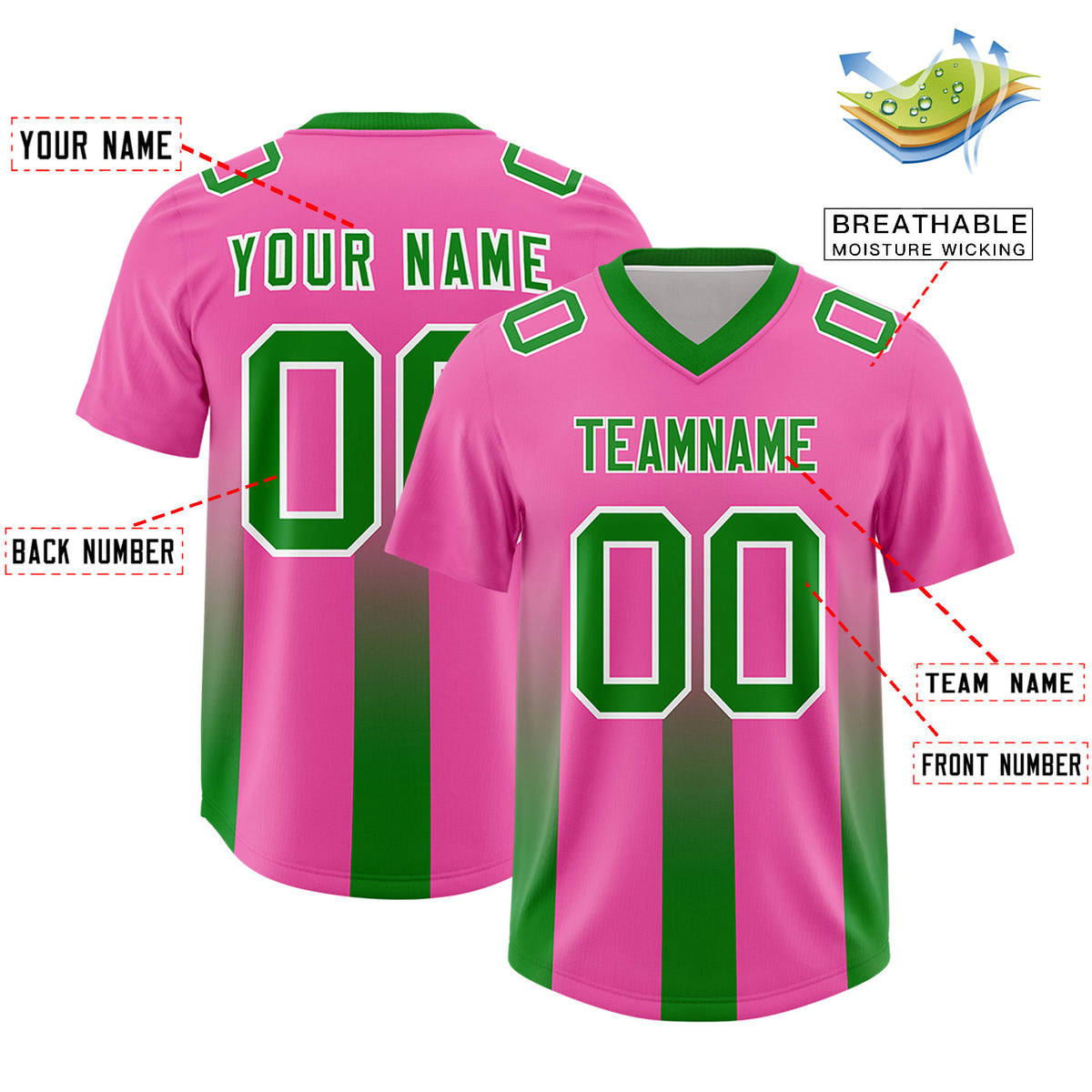 Custom Pink Kelly Green Vertical Width Stripe Gradient Fashion Personalized Team Football Jersey