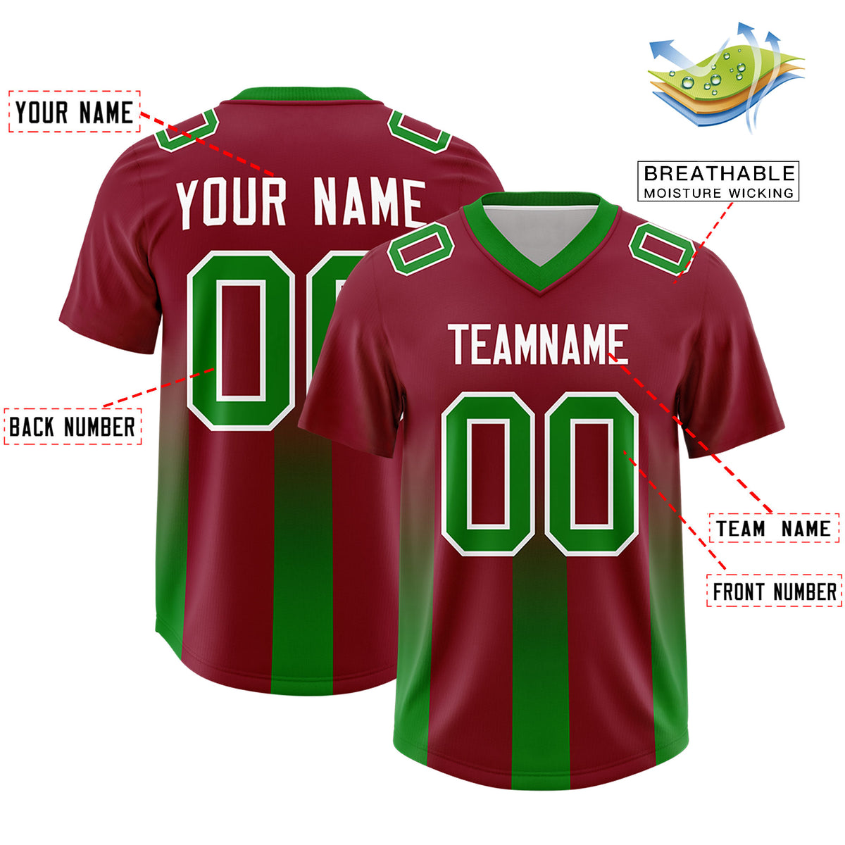 Custom Cardinal Kelly Green Vertical Width Stripe Gradient Fashion Personalized Team Football Jersey