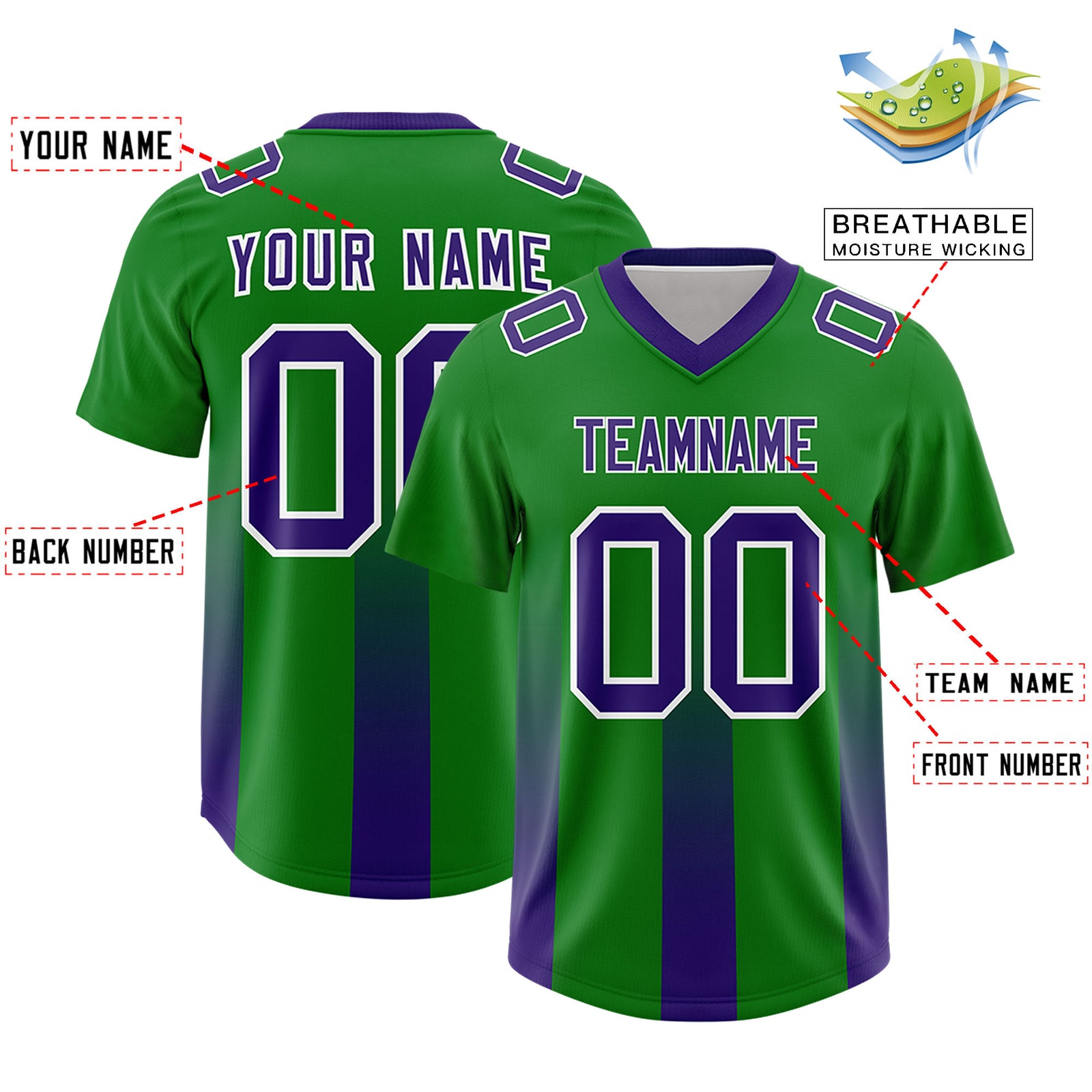 Custom Kelly Green Purple Vertical Width Stripe Gradient Fashion Personalized Team Football Jersey