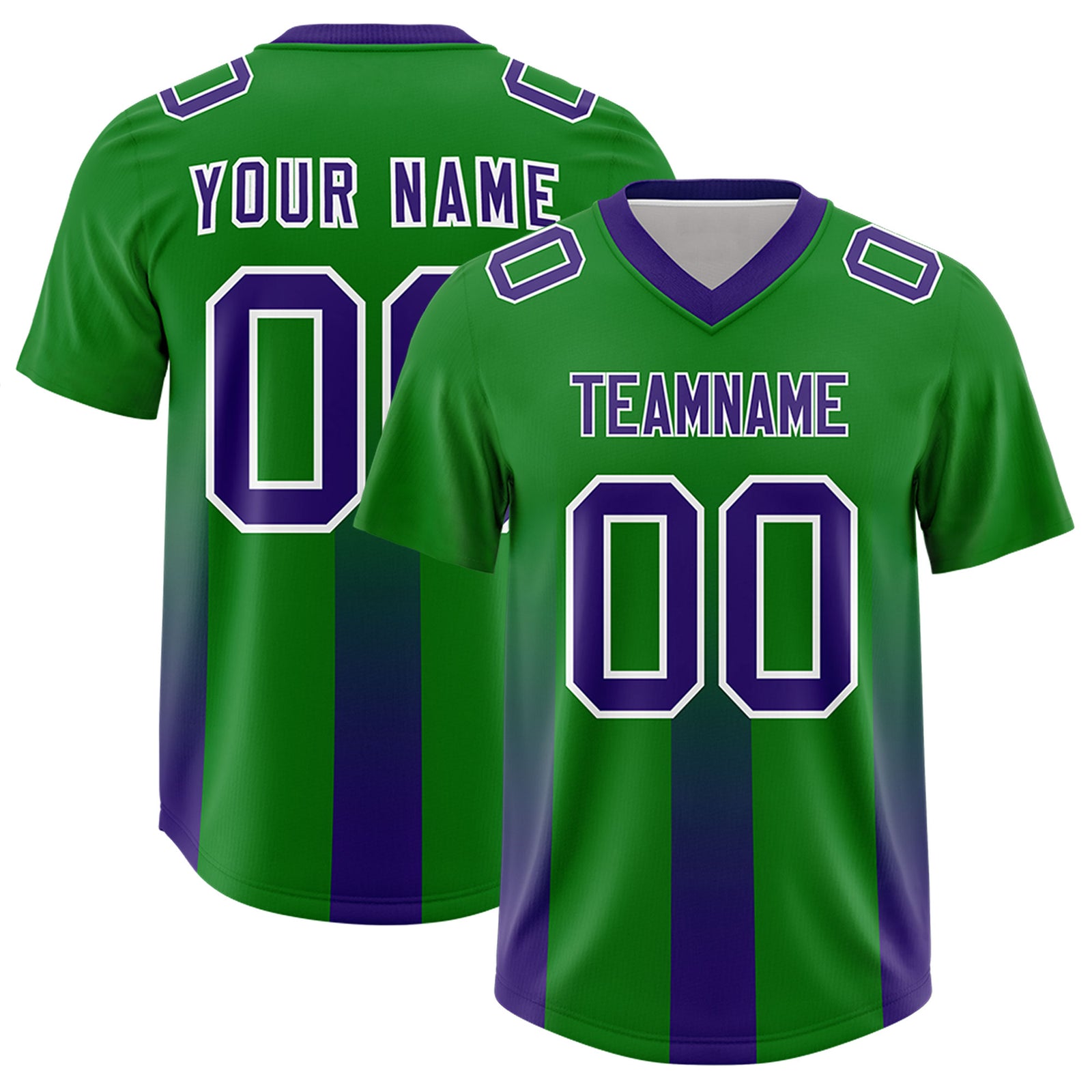 Custom Kelly Green Purple Vertical Width Stripe Gradient Fashion Personalized Team Football Jersey