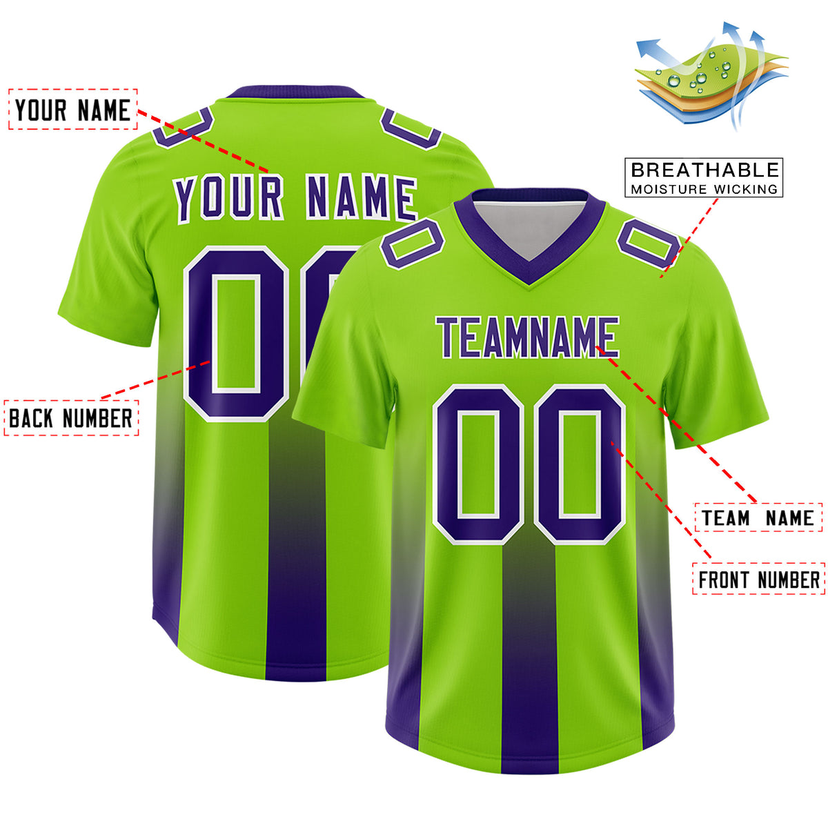 Custom Neon Green Purple Vertical Width Stripe Gradient Fashion Personalized Team Football Jersey