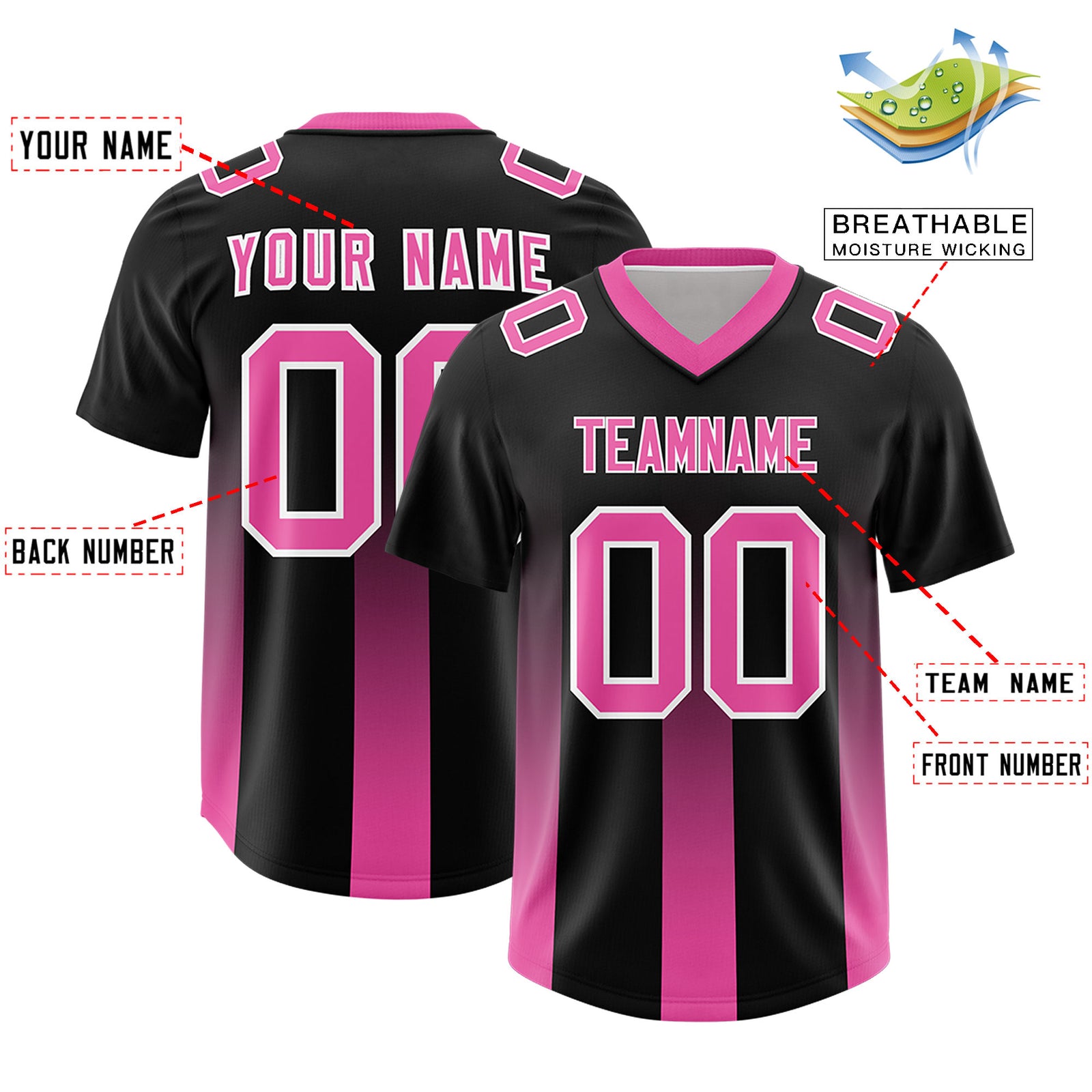 Custom Black Pink Vertical Width Stripe Gradient Fashion Personalized Team Football Jersey