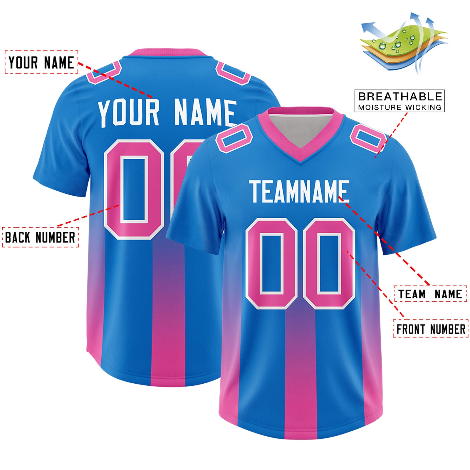 Custom Royal Pink Vertical Width Stripe Gradient Fashion Personalized Team Football Jersey