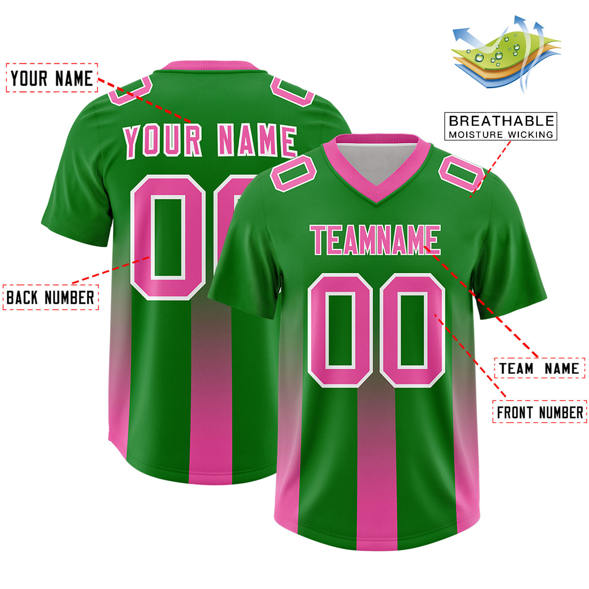 Custom Kelly Green Pink Vertical Width Stripe Gradient Fashion Personalized Team Football Jersey