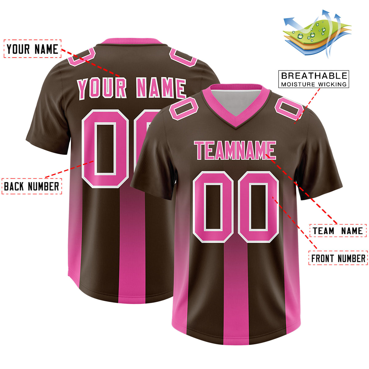 Custom Brown Pink Vertical Width Stripe Gradient Fashion Personalized Team Football Jersey