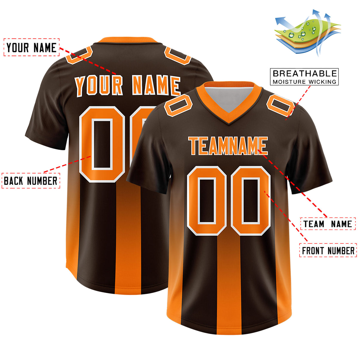 Custom Brown Orange Vertical Width Stripe Gradient Fashion Personalized Team Football Jersey