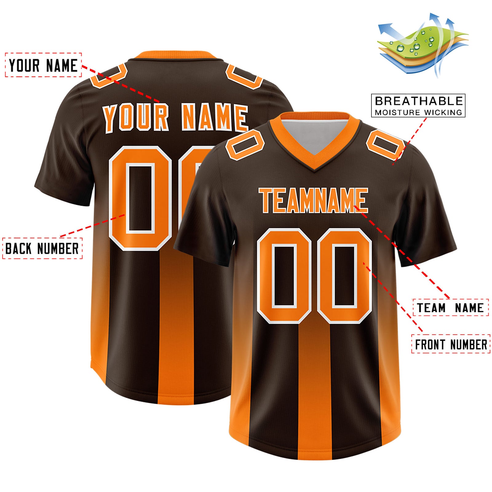 Custom Brown Orange Vertical Width Stripe Gradient Fashion Personalized Team Football Jersey