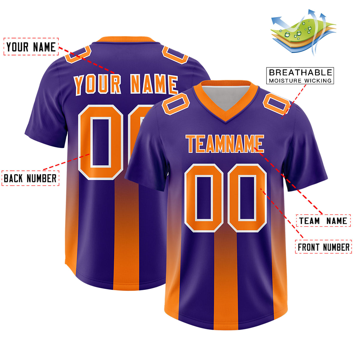 Custom Purple Orange Vertical Width Stripe Gradient Fashion Personalized Team Football Jersey