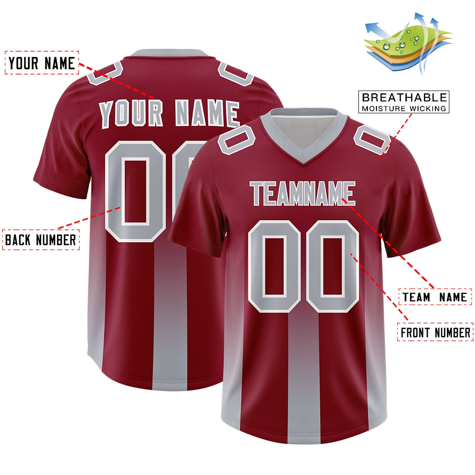 Custom Cardinal Gray Vertical Width Stripe Gradient Fashion Personalized Team Football Jersey
