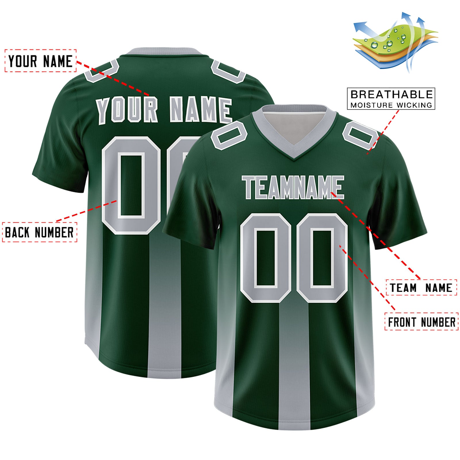 Custom Green Gray Vertical Width Stripe Gradient Fashion Personalized Team Football Jersey