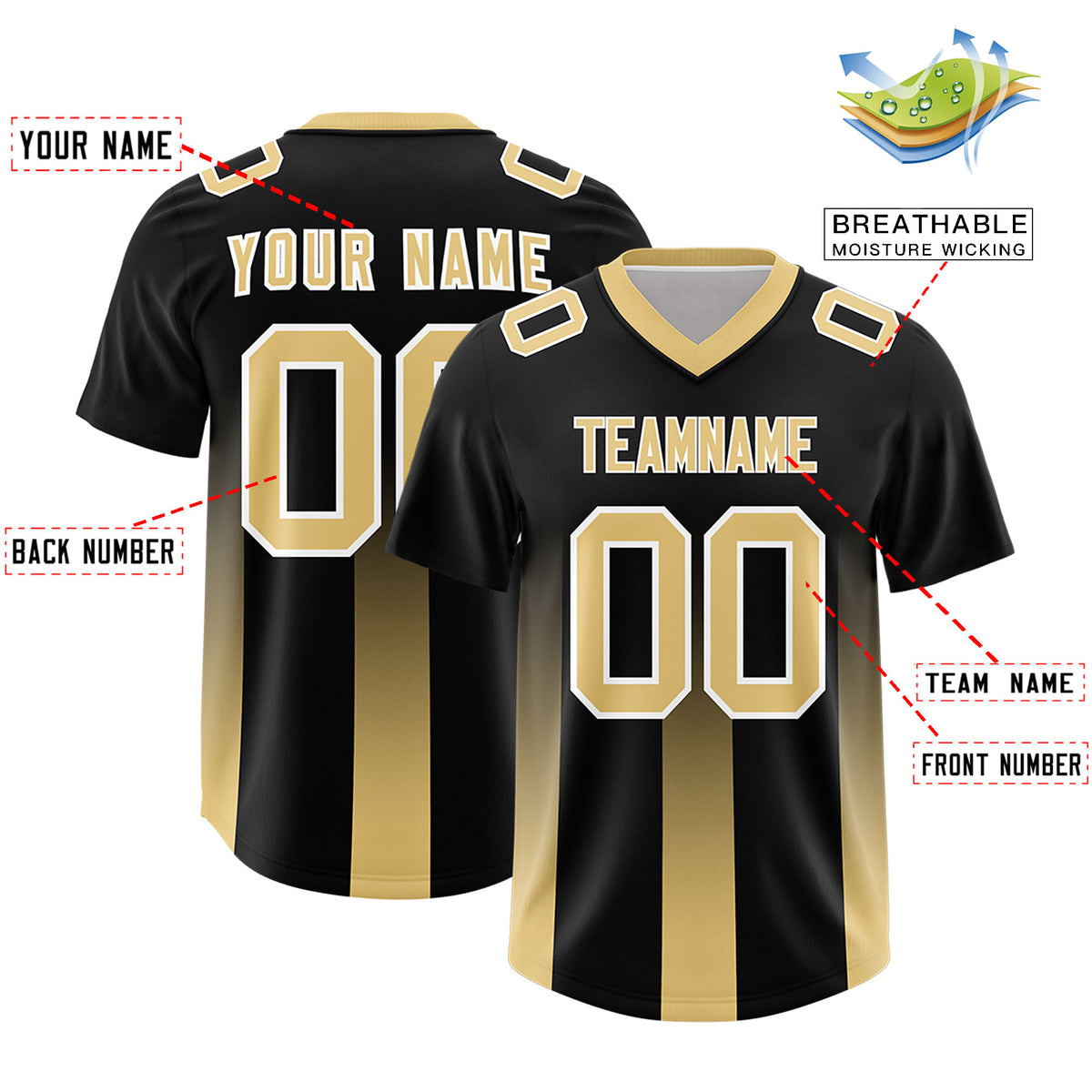 Custom Black Khaki Vertical Width Stripe Gradient Fashion Personalized Team Football Jersey