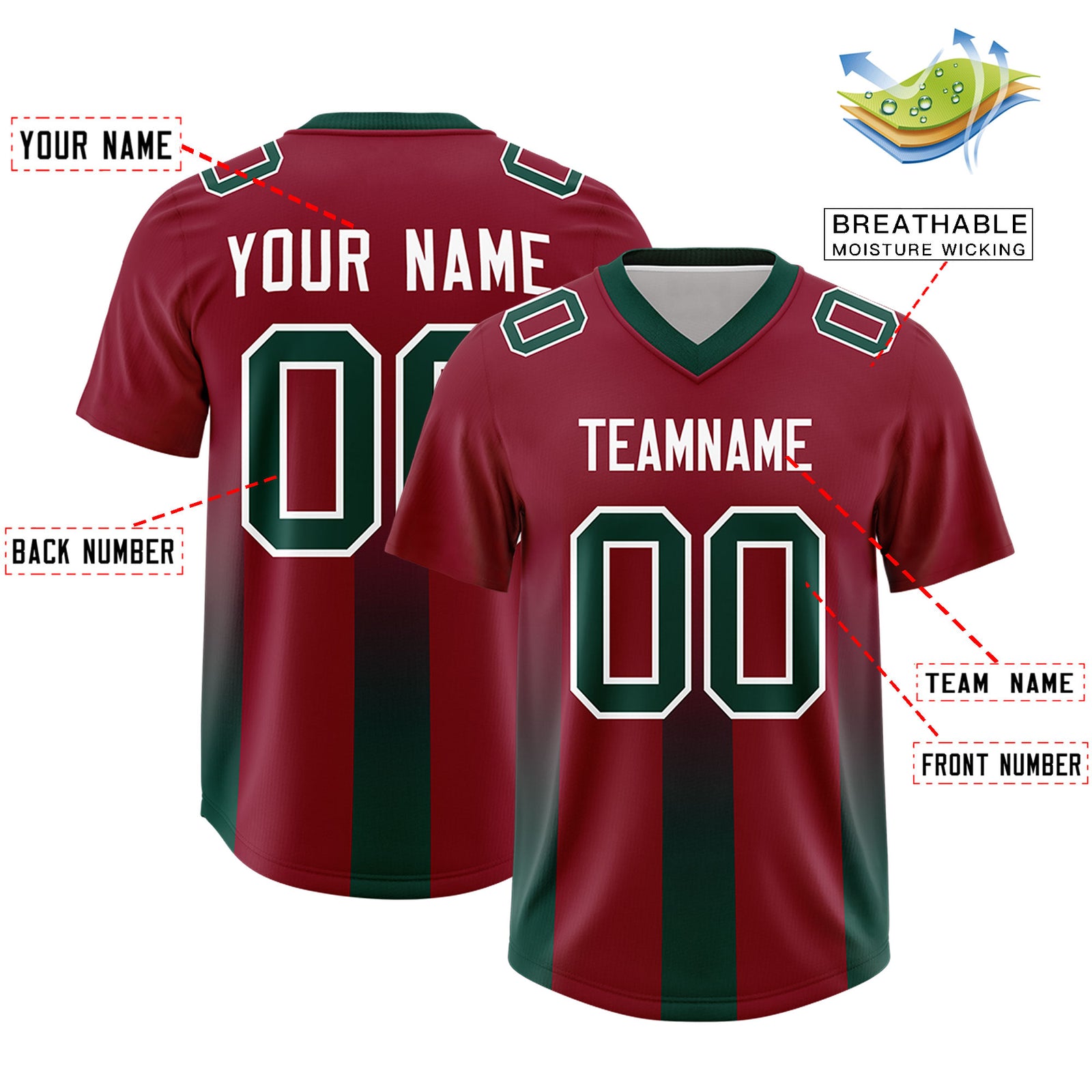 Custom Cardinal Midnight Green Vertical Width Stripe Gradient Fashion Personalized Team Football Jersey